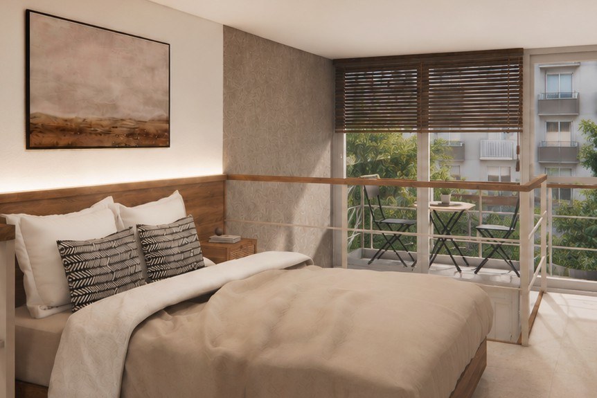 Loft dairenin yatak odasından özel balkona çıkış