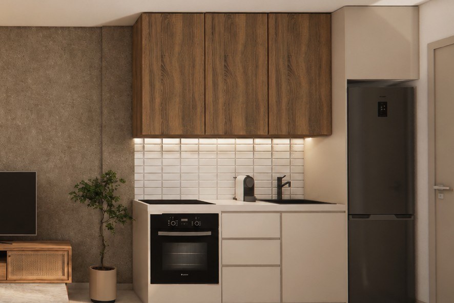 Ankastre fırın ve ahşap dolaplarla açık mutfak, Selanik Ano Poli loft