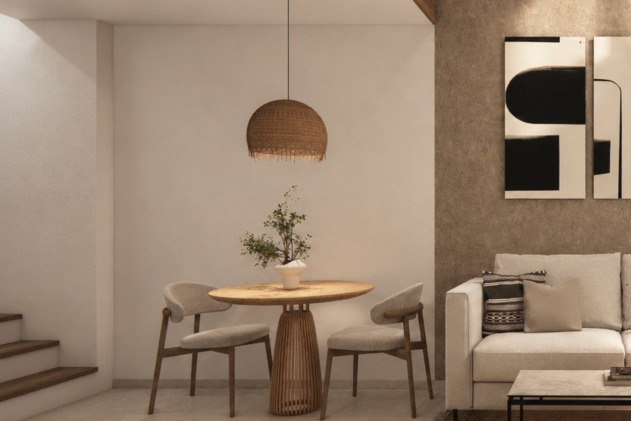 Yemek alanı ve asma kata çıkan merdiven, Selanik Ano Poli loft